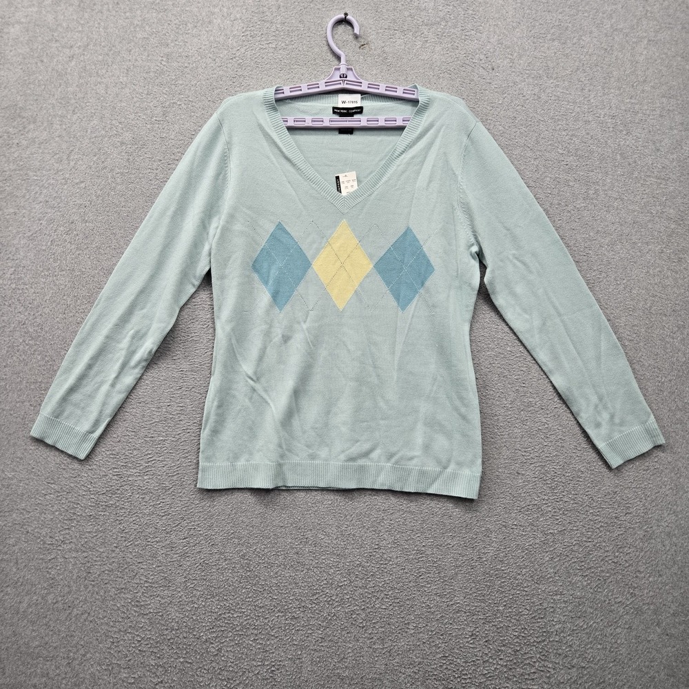 New York & Company Women Sweater L Blue Argyle Geometric V Neck Pullover NWT